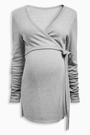 Grey Maternity Wrap Jersey Rib Top